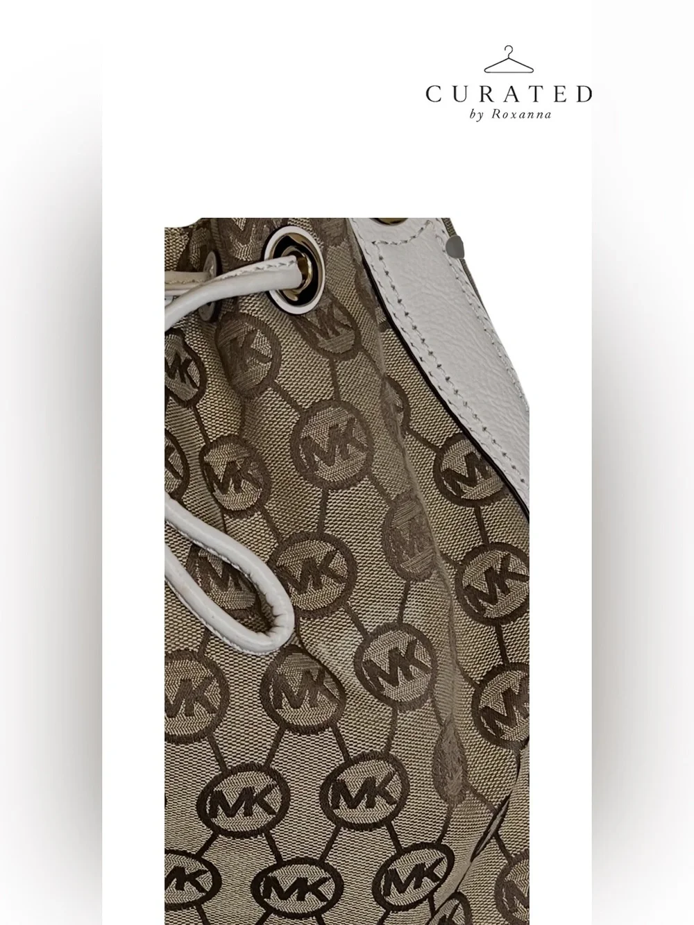 Michael Kors Signature MK Logo Drawstring Bucket Bag White Leather Trim/hardware